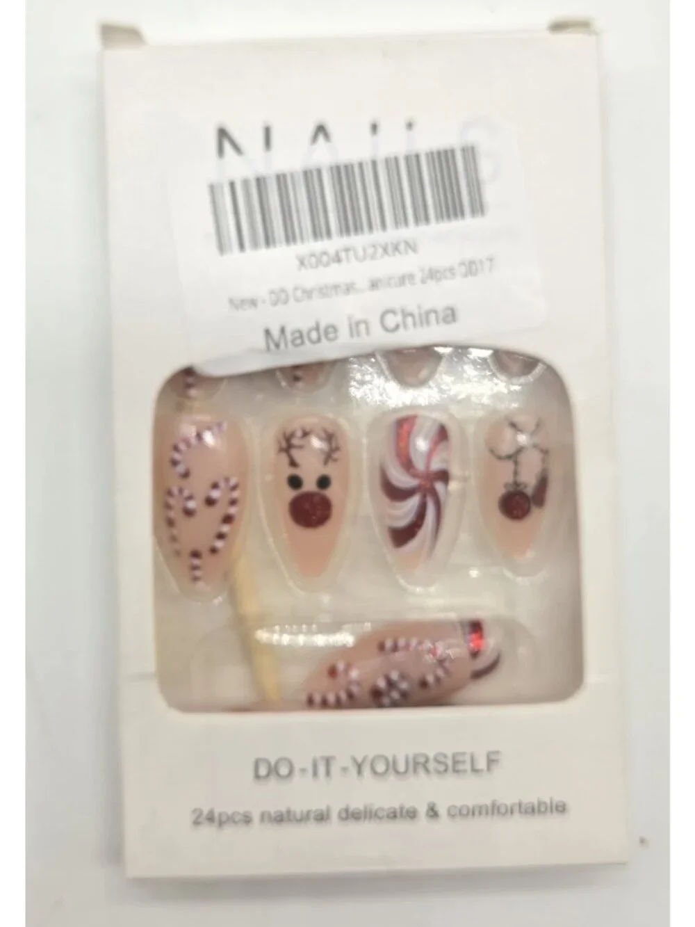 24 Piece Finger Nail Mani Set Candy Cane Reindeer Ornaments Press On Nails